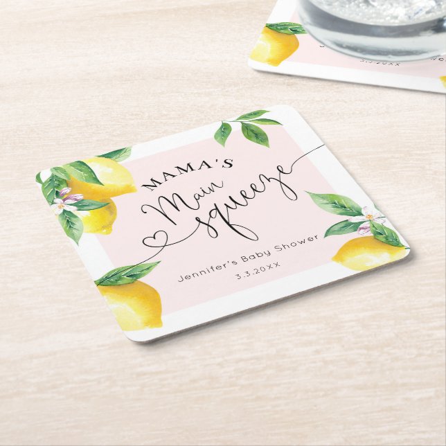 Pink lemon mamas main squeeze baby shower napkins square paper coaster (Angled)