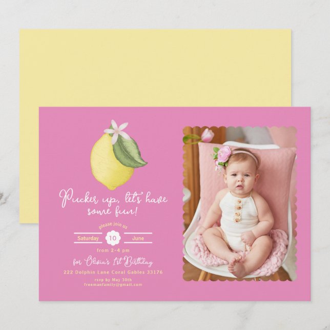 Pink Lemon Photo Birthday Invitation (Front/Back)