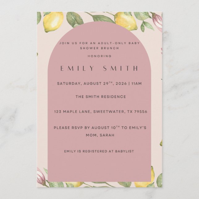 Pink Lemon Themed Baby Shower Invite (Front)