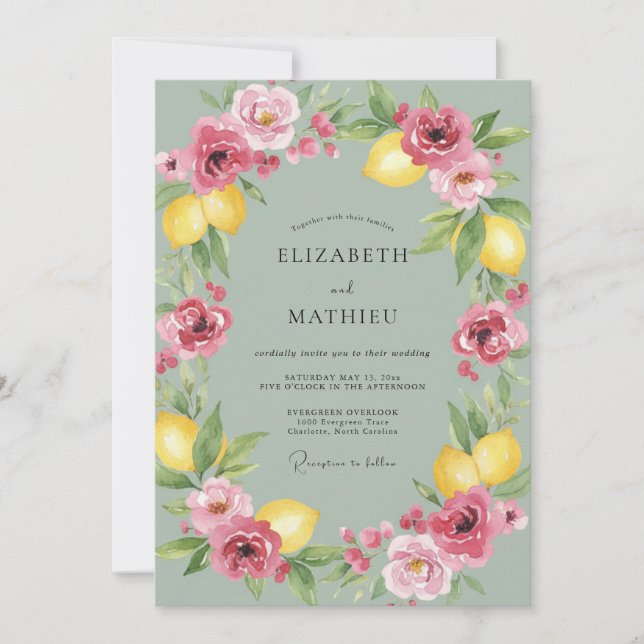Pink Lemon Wreath Wedding Invitation (Front)