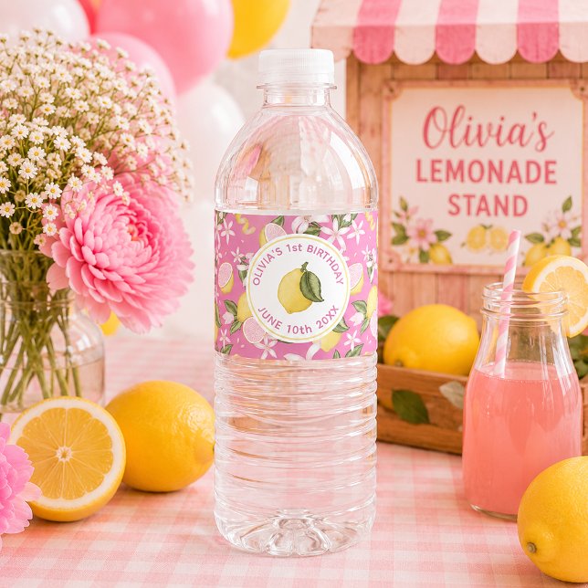 Pink Lemonade Birthday Water Bottle Label (Water bottle label)