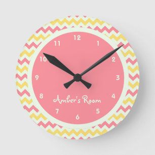 Pink Lemonade Chevron Personalized Kid's Bedroom Round Clock