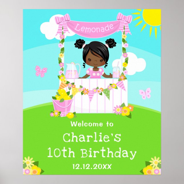Pink Lemonade Dark Skin Girl Birthday Welcome Poster (Front)