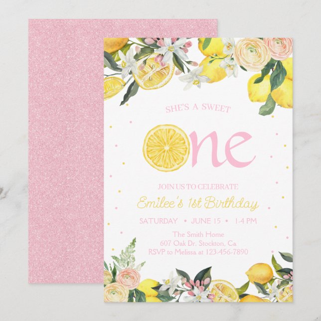 Pink Lemonade Floral First Birthday Sunshine  Invitation (Front/Back)