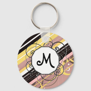 Pink Lemonade Modern-Retro Stripes with Monogram Keychain