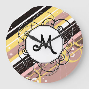 Pink Lemonade Modern-Retro Stripes with Monogram Large Clock