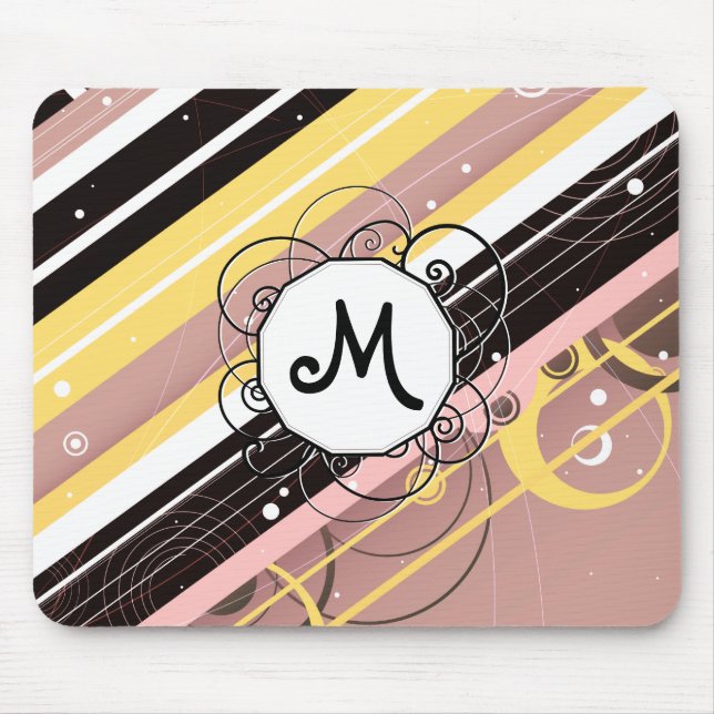 Pink Lemonade Modern-Retro Stripes with Monogram Mouse Pad (Front)