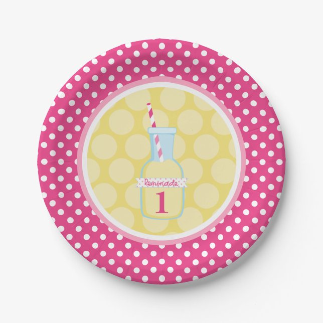 Pink Lemonade Polka Dot 1st Birthday Paper Plate (Front)