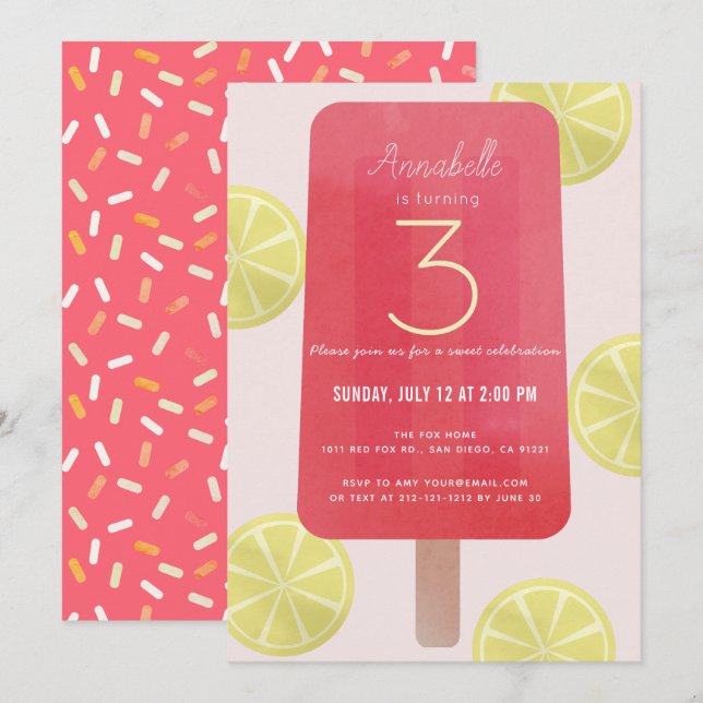 Pink Lemonade Popsicle Girl Birthday Invitation (Front/Back)