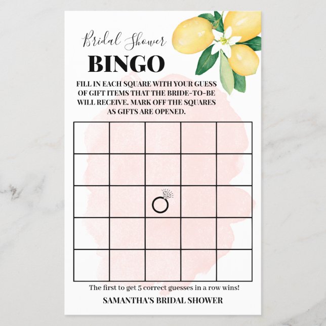 Pink Lemons Bridal Shower Bingo Game Card (Front)