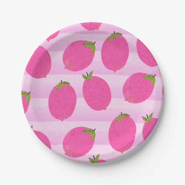 Pink Lemons Lemonade Summer Fruit Watercolor Party Paper Plate (Front)
