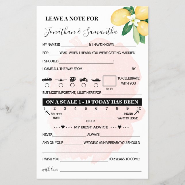 Pink Lemons Note for Couple Wedding Game Card (Front)