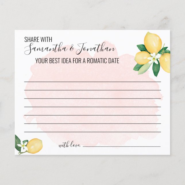 Pink Lemons Share a Date Idea Shower Game Card (Front)