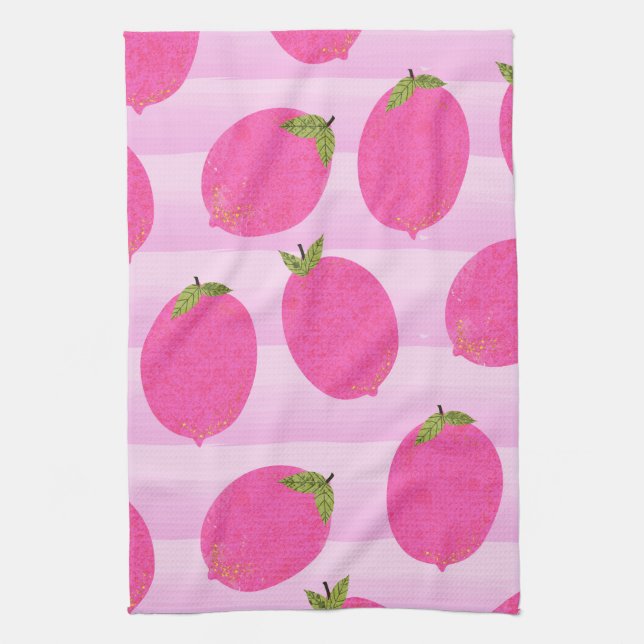 Pink Lemons Summer Fruit Watercolor Fun Bright Kitchen Towel (Vertical)