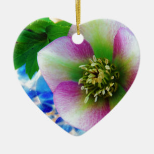 Pink Lenten Rose blue glass ball Ceramic Ornament