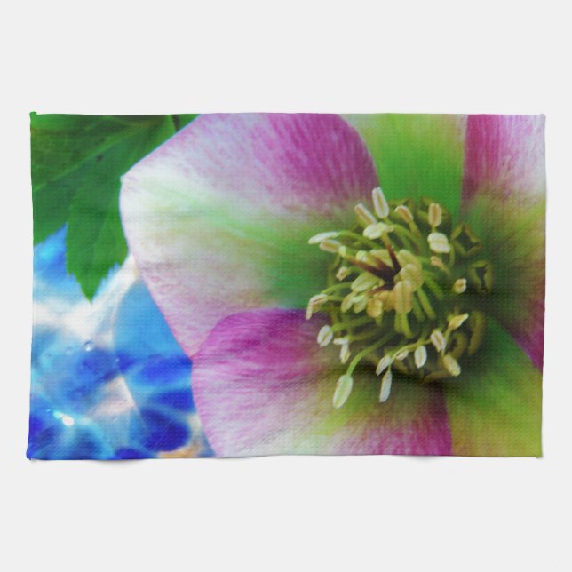 Pink Lenten Rose blue glass ball Kitchen Towel (Horizontal)