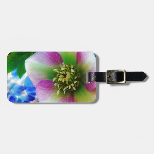 Pink Lenten Rose blue glass ball Luggage Tag (Front Horizontal)