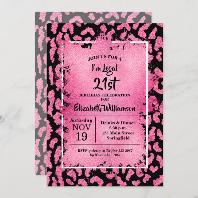 Pink Leopard 21st Birthday Party Invitation (Front/Back)