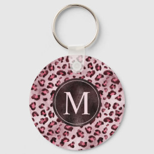 Pink Leopard Animal Print With Faux Foil Monogram Keychain