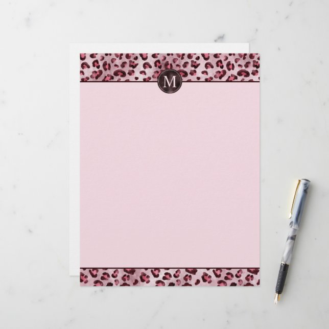 Pink Leopard Animal Print With Faux Foil Monogram Letterhead (Front/Back In Situ)