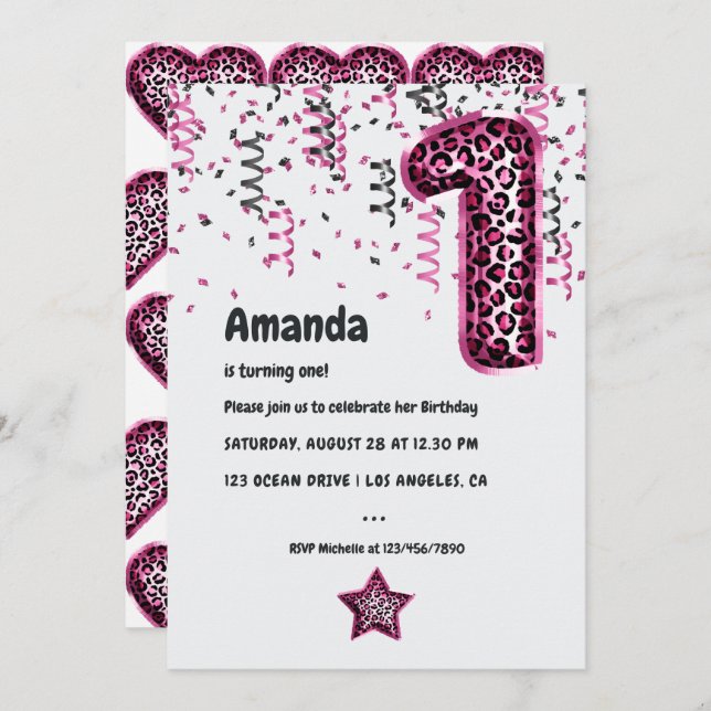 Pink Leopard Balloon 1st Xmas Birthday Invitation (Front/Back)