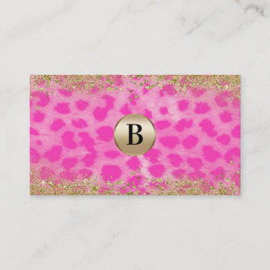 Pink Leopard Cheetah Print Gold Glitter Monogram Business Card