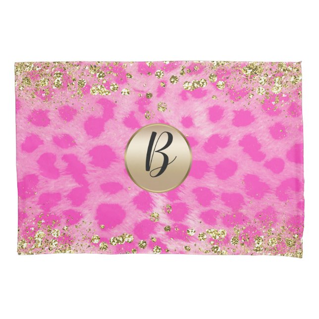 Pink Leopard Cheetah Print Gold Glitter Monogram Pillowcase (Front)