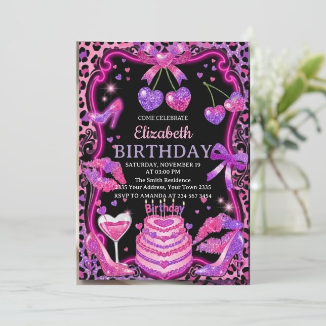 Pink Leopard Cherry Birthday Invitation (Debout devant)