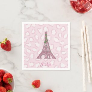 Pink Leopard Eiffel Tower Roses  Napkin