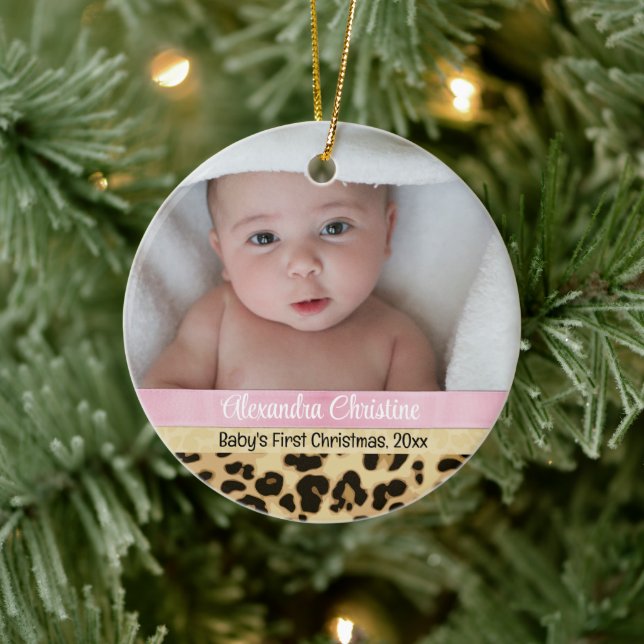 Pink Leopard Girl Babys First Christmas Photo Ceramic Ornament (Tree)
