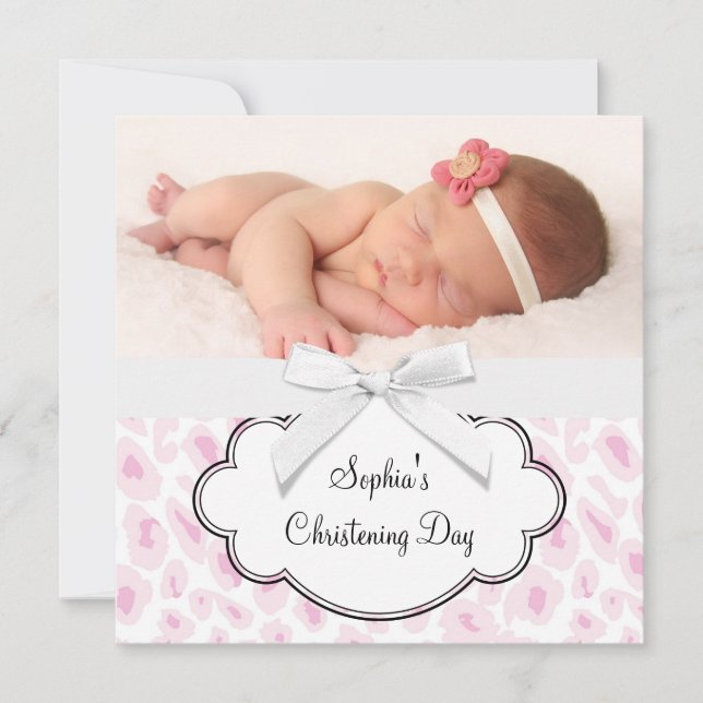 Pink Leopard Girl Photo Christening Invitation (Front)