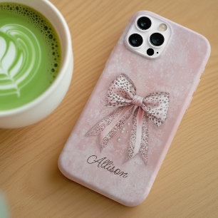 Pink Leopard Girly Glitter Elegant Bow Custom Name iPhone 16 Case