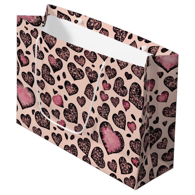 Pink Leopard Heart Pattern on Blush Large Gift Bag (Front Angled)