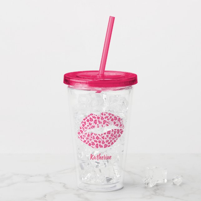 Pink Leopard Kiss - Personalized Acrylic Tumbler (Back Ice)