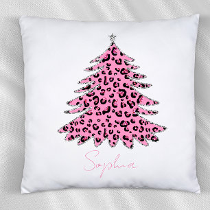 Pink Leopard Pattern Christmas Tree Custom Name Throw Pillow