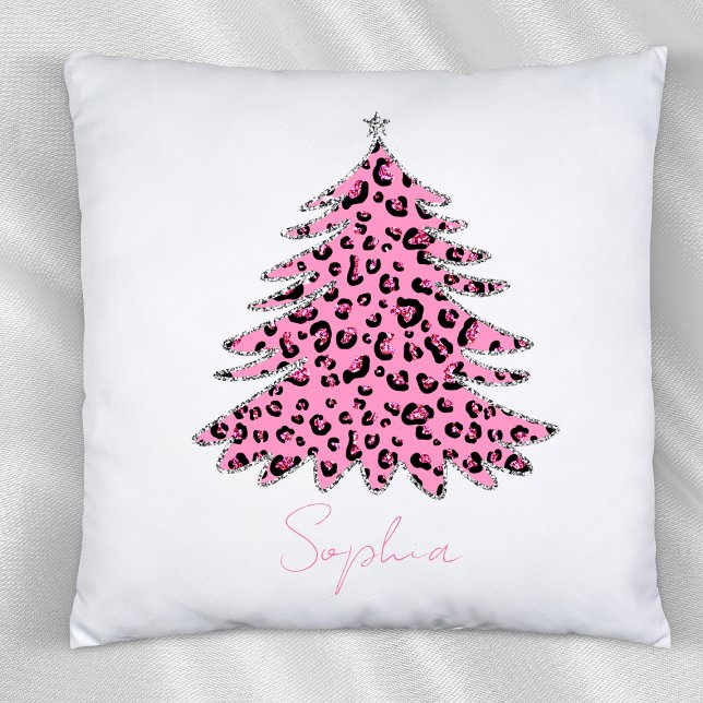 Pink Leopard Pattern Christmas Tree Custom Name Throw Pillow (Creator Uploaded)