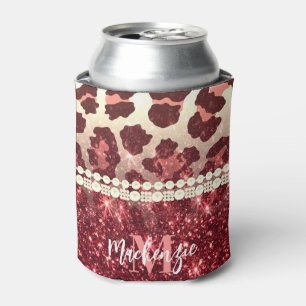Pink Leopard Print and Glitter Can Cooler