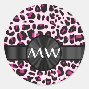 Pink leopard print and monogram classic round sticker