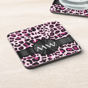 Pink leopard print and monogram coaster