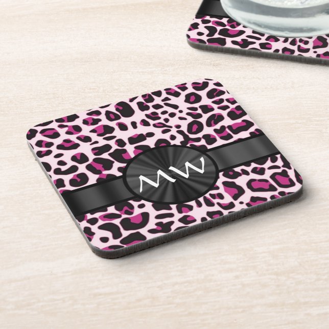 Pink leopard print and monogram coaster (Left Side)