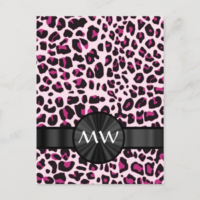Pink leopard print and monogram postcard (Front)