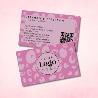 Pink Leopard Print Custom Company Logo QR Code Business Card