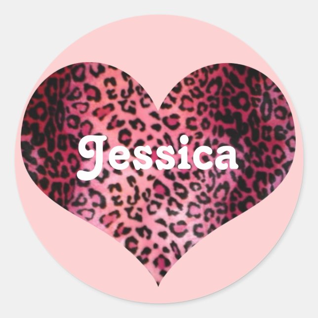 Pink Leopard Print Heart Name Classic Round Sticker (Front)