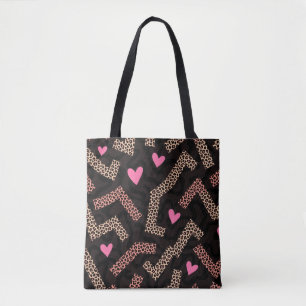 Pink Leopard Print Heart Tote Bag with Zigzag