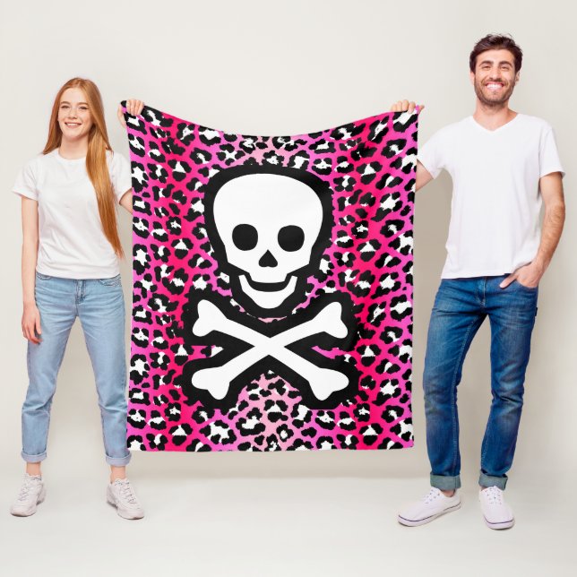 Pink Leopard Print Jolly Roger Pirate Skull Punky Fleece Blanket (In Situ)