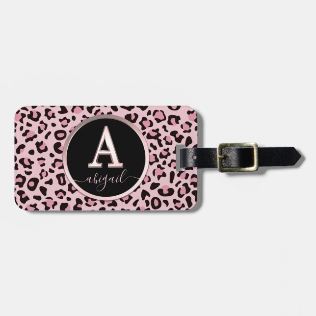 Pink Leopard Print Letter A Luggage Tag (Front Horizontal)