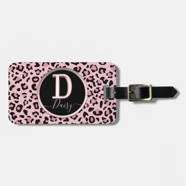 Pink Leopard Print Letter D Luggage Tag (Front Horizontal)