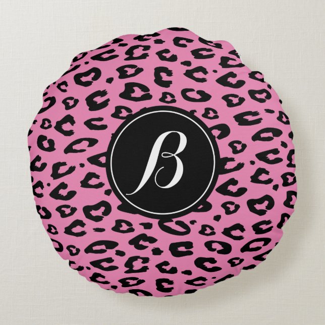 Pink leopard print monogram round throw pillow (Back)