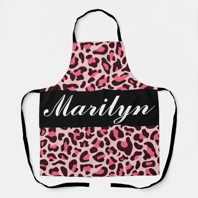 Pink Leopard Print Personalized Retro Trendy Apron (Front)