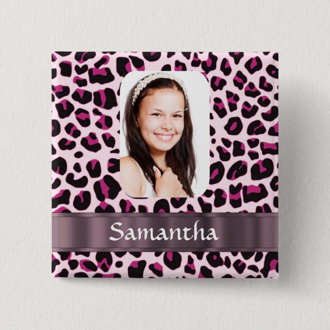 Pink leopard print photo template 2 inch square button (Front)
